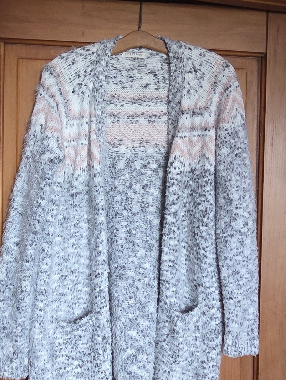 Open-Front Gray and Pink Knit Women's Cardigan Sweater